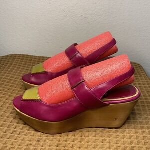 FRYE Pink Yellow Leather Sz 9M Blair Slingback Wood Platform Wedge Heel Sandals